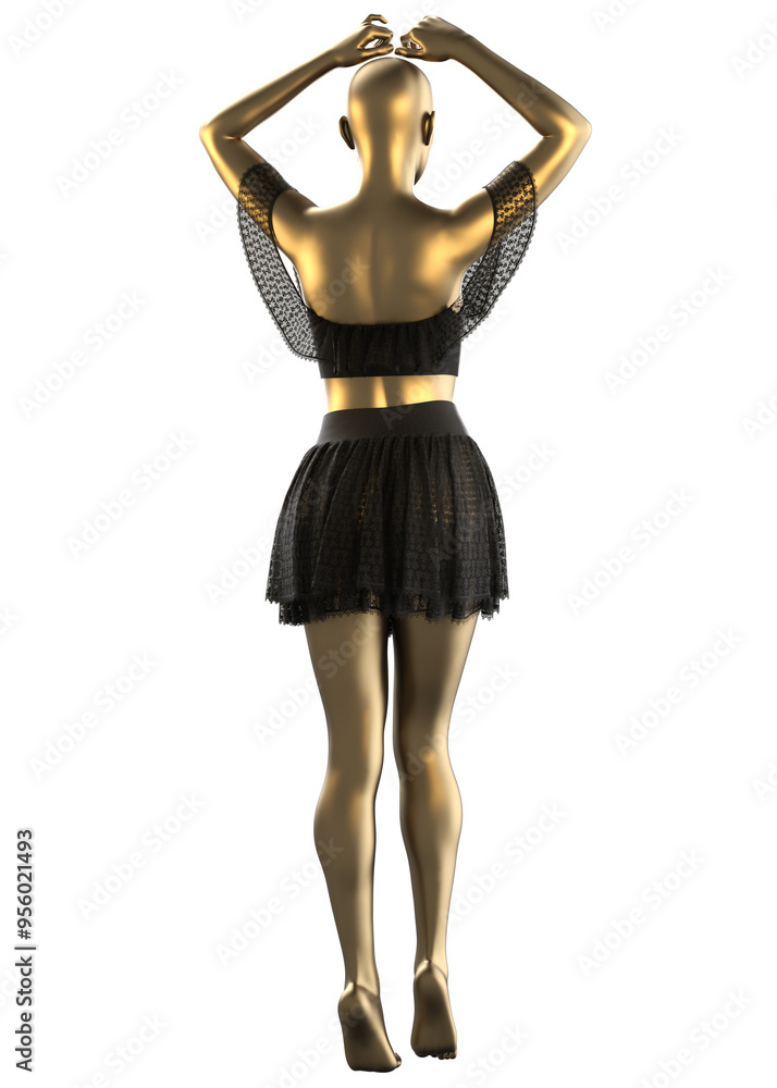 Layered laced skirt and top with ruffle of black color on golden female mannequin, isolated background, 3D Illustration. Layered laced skirt and top with ruffle of black color on golden female mannequin, isolated background, 3D Illustration.