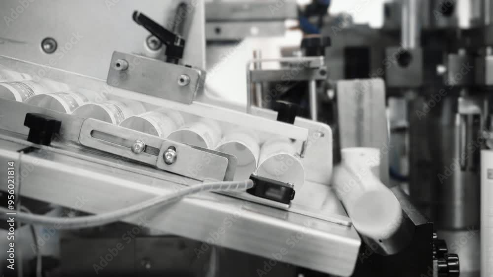 Production of cosmetic products at the plant. Conveyor for the production of hand and body cream. Automatic filling of plastic tubes with cream. Modern conveyor with creams. Production of cosmetic products at the plant. Conveyor for the production of hand and body cream. Automatic filling of plastic tubes with cream. Modern conveyor with creams.
