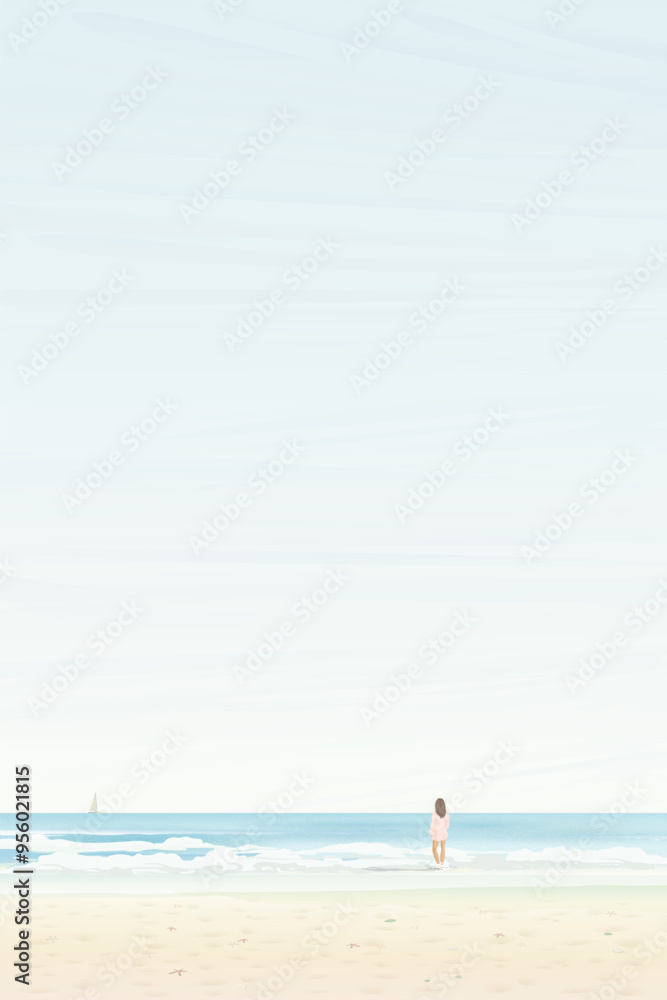 Minimalist seascape with light blue sky vertical background have a woman standing on the sandy beach and hit by waves graphic illustration. Minimalist seascape with light blue sky vertical background have a woman standing on the sandy beach and hit by waves graphic illustration.