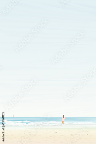 Minimalist seascape with light blue sky vertical background have a woman standing on the sandy beach and hit by waves graphic illustration.