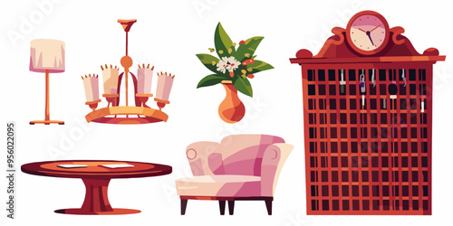 Hotel lobby and reception interior furniture and decorative elements - rack with cells for keys and clock, armchair and table, desk lamp and chandelier, flower bouquet in vase. Cartoon vector set.