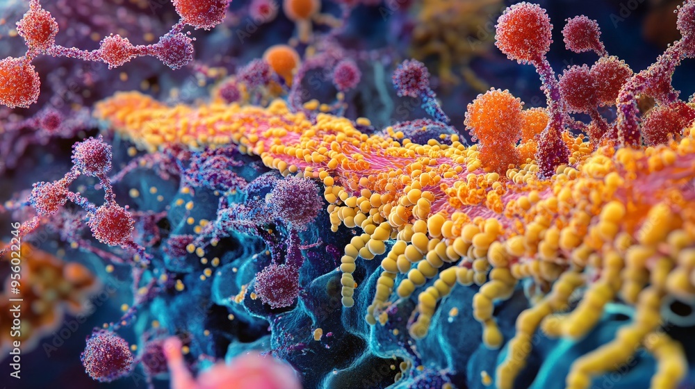 Naklejka premium Microscopic View of a Cell's Surface with Virus Particles