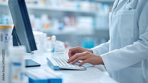 Pharmacist Typing Prescription Details Into Computer System With Clear Background