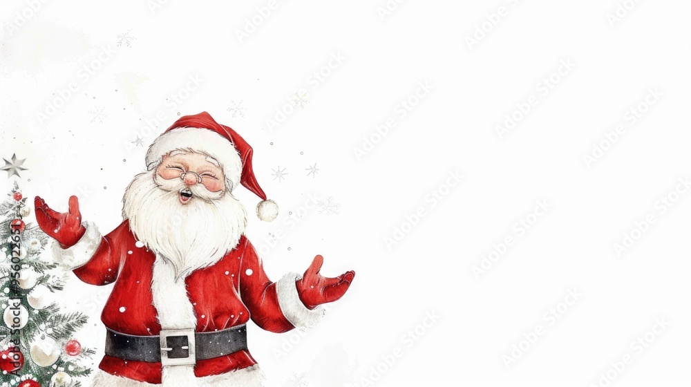 Joyful Santa Claus Celebrating with Christmas Tree on Snowy Background Joyful Santa Claus Celebrating with Christmas Tree on Snowy Background