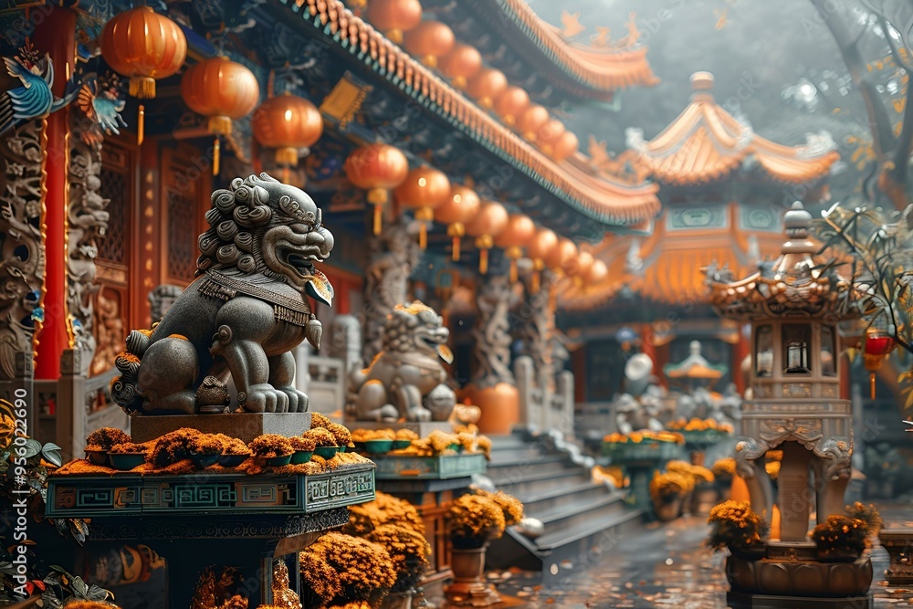 Obraz premium a temple with statues and flowers.