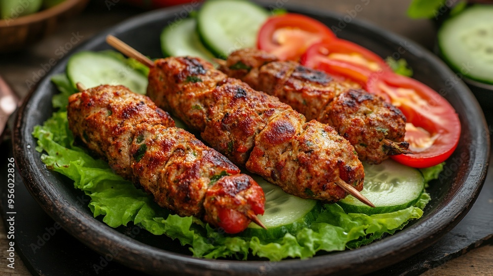 Spicy chapli kebabs served on a bed of lettuce with slices of tomatoes and cucumbers. Spicy chapli kebabs served on a bed of lettuce with slices of tomatoes and cucumbers.