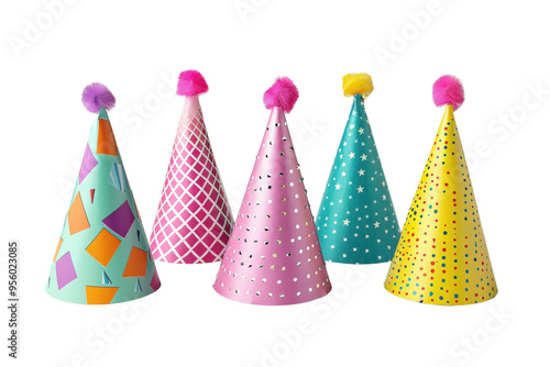 Colorful party hats in bright patterns, perfect for celebrations, birthdays, and festive occasions. Add joy to any event!