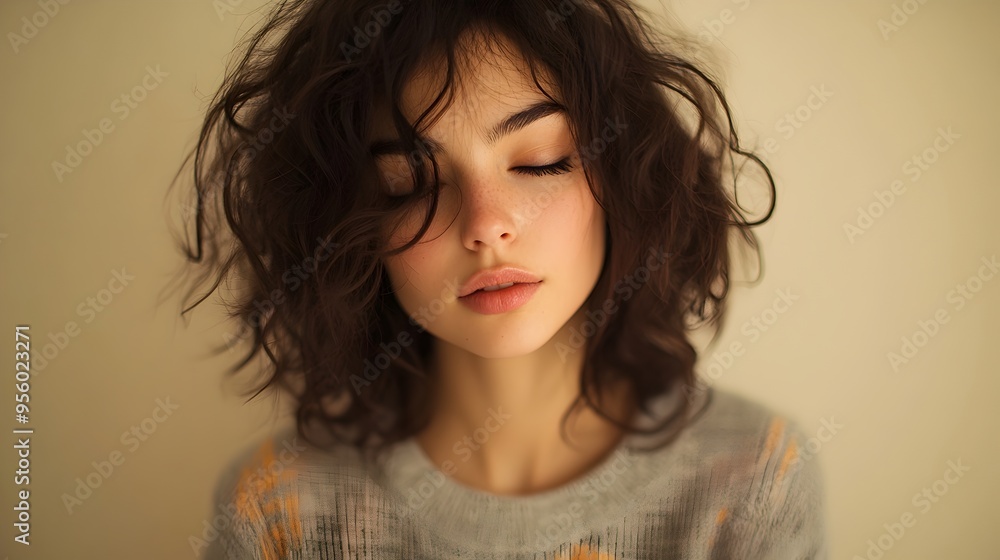 Serene Portrait of a Contemplative Female Model in Bright Even Lighting Serene Portrait of a Contemplative Female Model in Bright Even Lighting