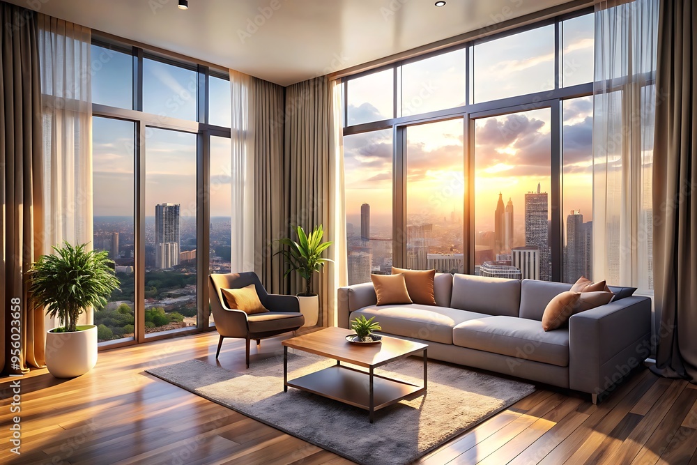 Fototapeta premium Minimalist luxury modern living room interior design, morning light, modern interior concept for use.