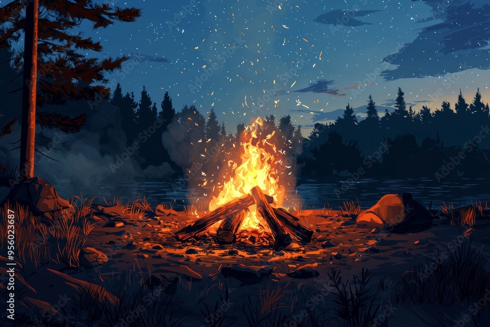 Tranquil campfire setting with the crackling fire casting a soft glow on a quiet, starry night. Cozy vibe, Generative AI Tranquil campfire setting with the crackling fire casting a soft glow on a quiet, starry night. Cozy vibe, Generative AI