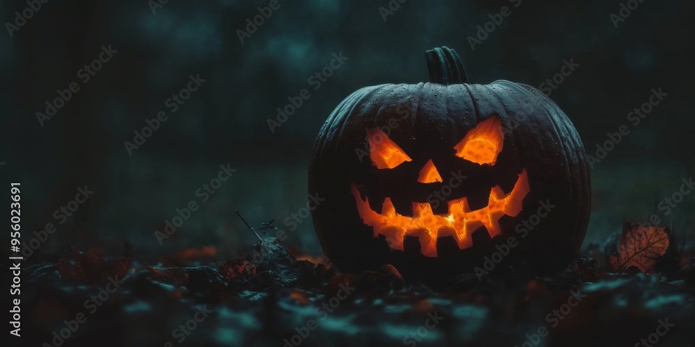 A carved pumpkin with a spooky face glowing in the dark in the woods A carved pumpkin with a spooky face glowing in the dark in the woods