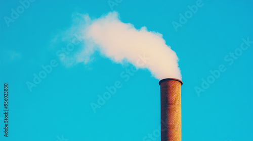 Industrial chimney on a background of blue sky in exhaust smoke photo