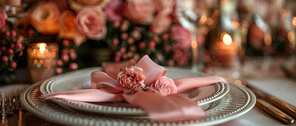a stack of plates with a pink ribbon. a stack of plates with a pink ribbon.