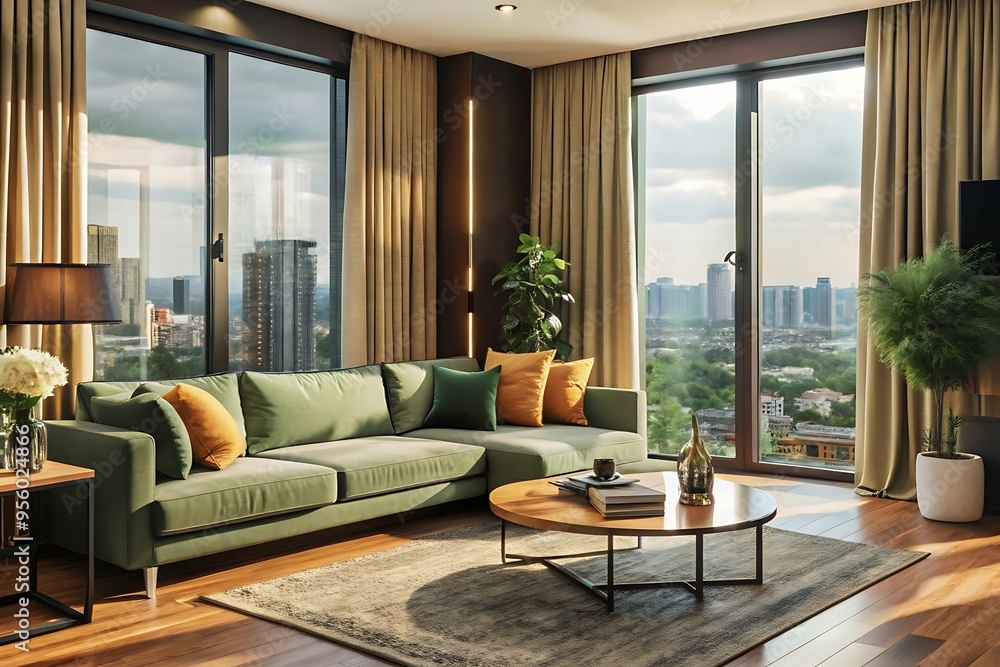 Fototapeta premium Minimalist luxury modern living room interior design, morning light, modern interior concept for use.