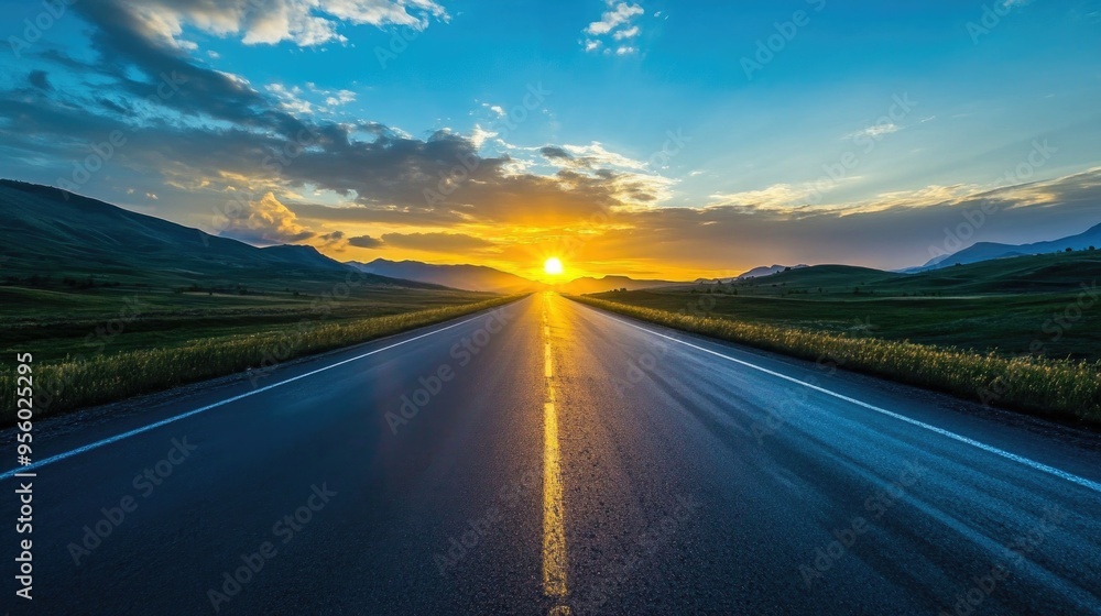 Naklejka premium beautiful sun rising sky with asphalt highways road