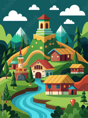 A Picturesque Village Nestled Among Rolling Hills and Mountains