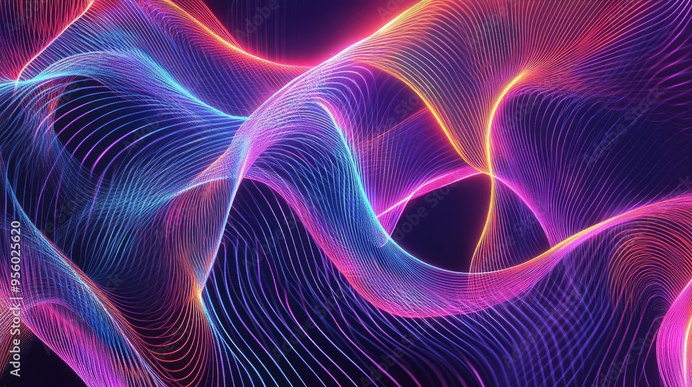 Line art illustration depicting the pulsating and expanding motion of three dimensional shapes Features neon crossed lines creating an optical illusion effect Line art illustration depicting the pulsating and expanding motion of three dimensional shapes Features neon crossed lines creating an optical illusion effect