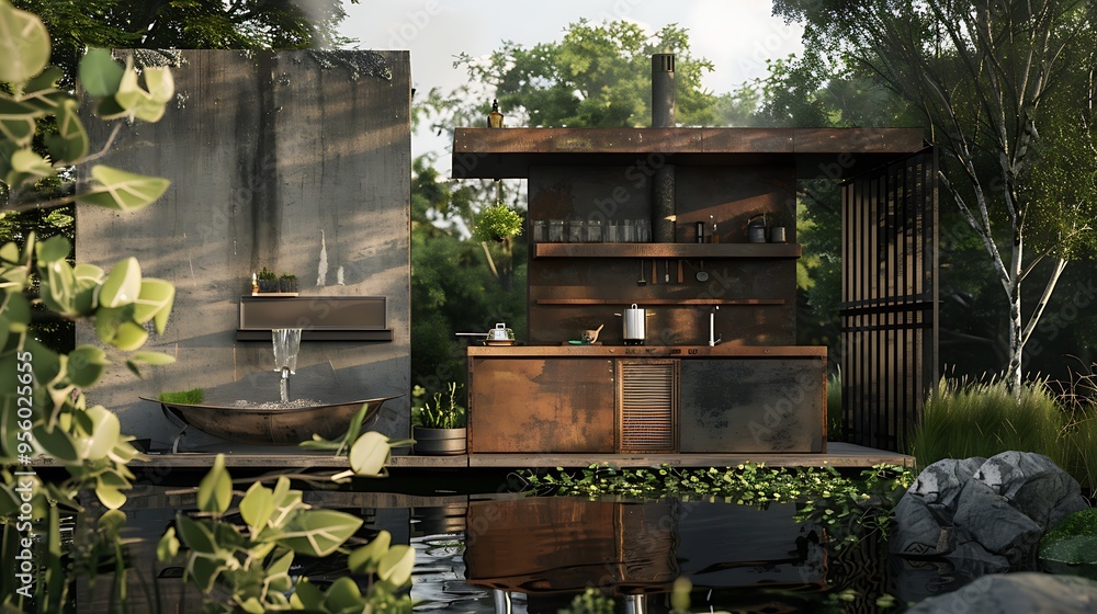 Exterior of kitchenette with cooker oven and faucet Exterior of kitchenette with cooker oven and faucet