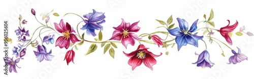 Watercolor wreath featuring meadow bell flowers and wild columbine Hand painted floral arrangement on a white background