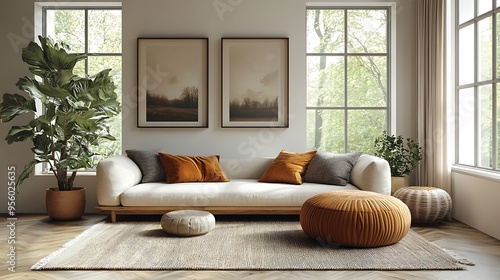 Minimalist living room in Scandinavian design  light wood furniture with clean lines  white walls  neutral tones  minimalist d  cor  large windows letting in natural light 