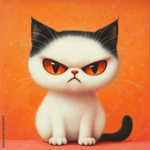 A cute cartoon cat with a grumpy expression, set against a vibrant orange backdrop, perfect for pet lovers and illustrations. photo