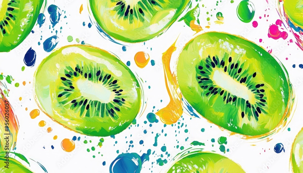 Fototapeta premium Seamless oil painting pattern featuring kiwi fruits on a white background showcasing a tropical abstract design with vibrant colors and shapes