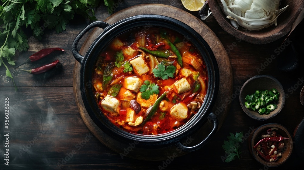 Spicy Tofu Soup with Vegetables in a Black Pot Spicy Tofu Soup with Vegetables in a Black Pot