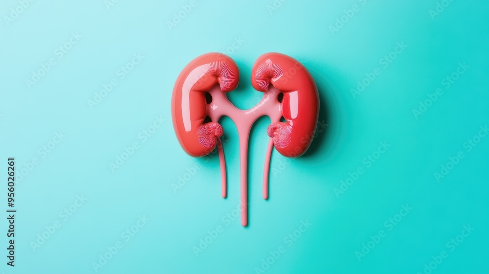 Detailed anatomical model of a kidney on a vibrant background, showcasing its unique shape and structure for educational use. Detailed anatomical model of a kidney on a vibrant background, showcasing its unique shape and structure for educational use.