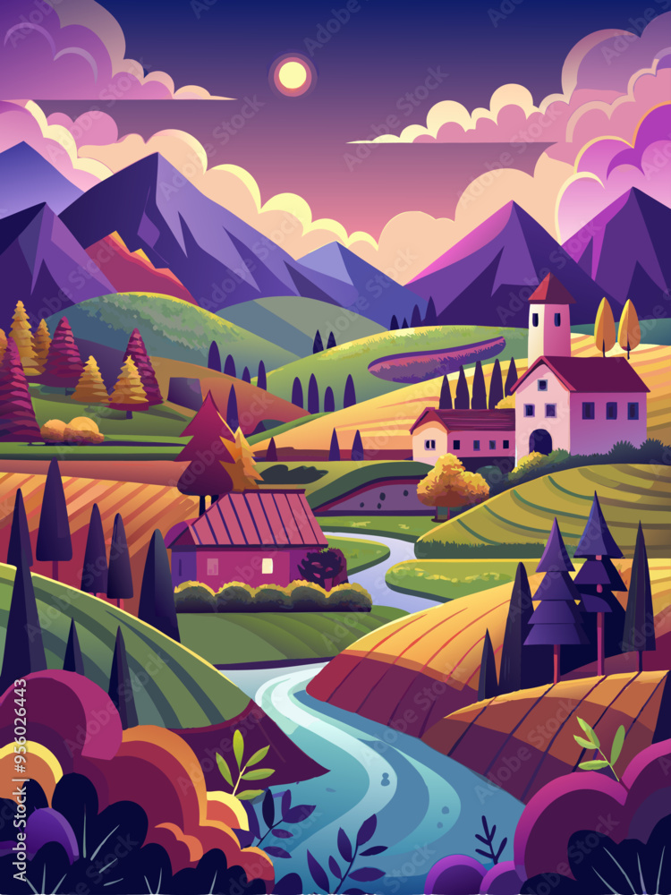A Scenic Mountain Village Landscape with Winding River A Scenic Mountain Village Landscape with Winding River