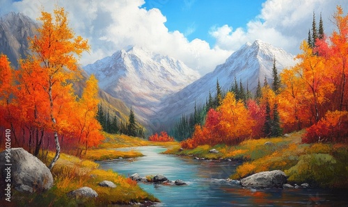 Fototapeta Naklejka Na Ścianę i Meble -  Oil painting depicting an autumn landscape with vibrant colors showcasing the beauty of a serene mountainous area