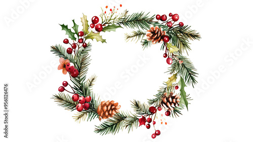 Retro christmas wreath watercolor great design on transparent background, png	