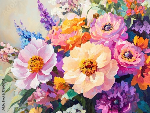 Oil painting showcasing vibrant flowers in full bloom celebrating the essence of floral beauty