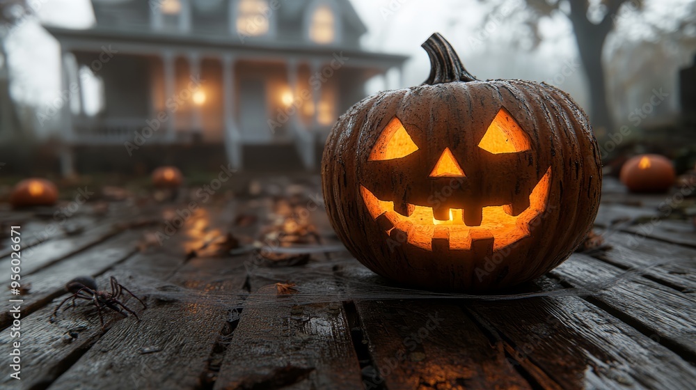 Lighted Jack o Lantern on a Foggy Halloween Night Lighted Jack o Lantern on a Foggy Halloween Night