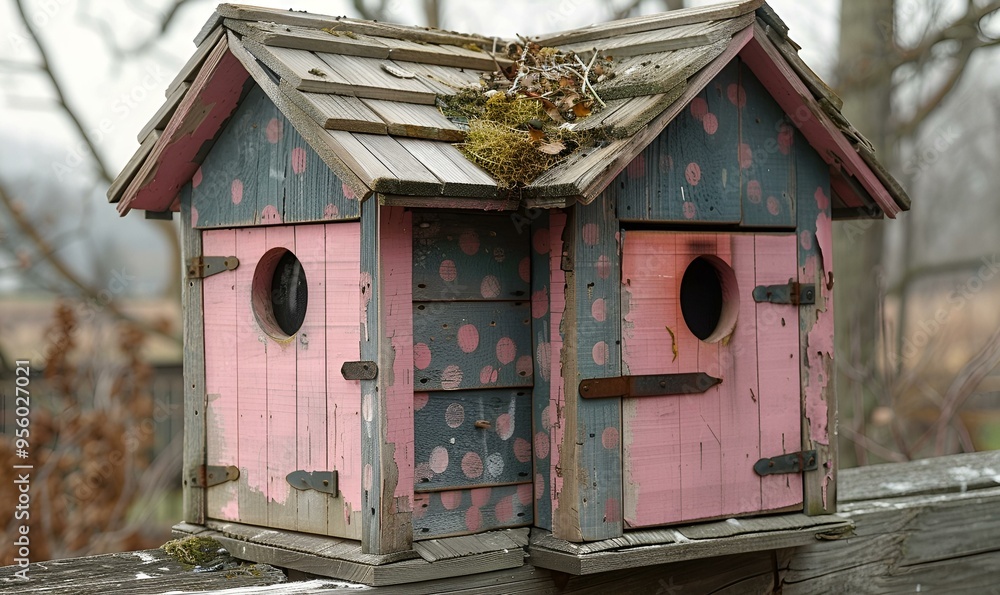 a pink and grey birdhouse.