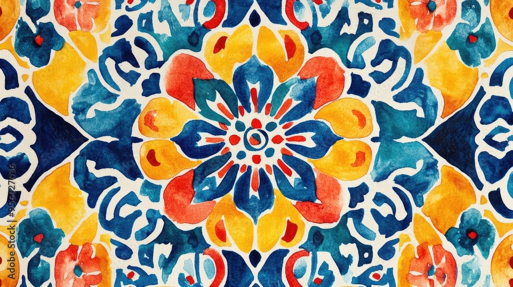 Fototapeta premium Whimsical Multicolored Pattern with Watercolor Yellow Ceramic Infinite Dashiki Motif in Indigo and Tomato Shades Aztec Inspired Crimped Tile Design