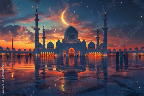 a large building with towers and a crescent moon in the sky.