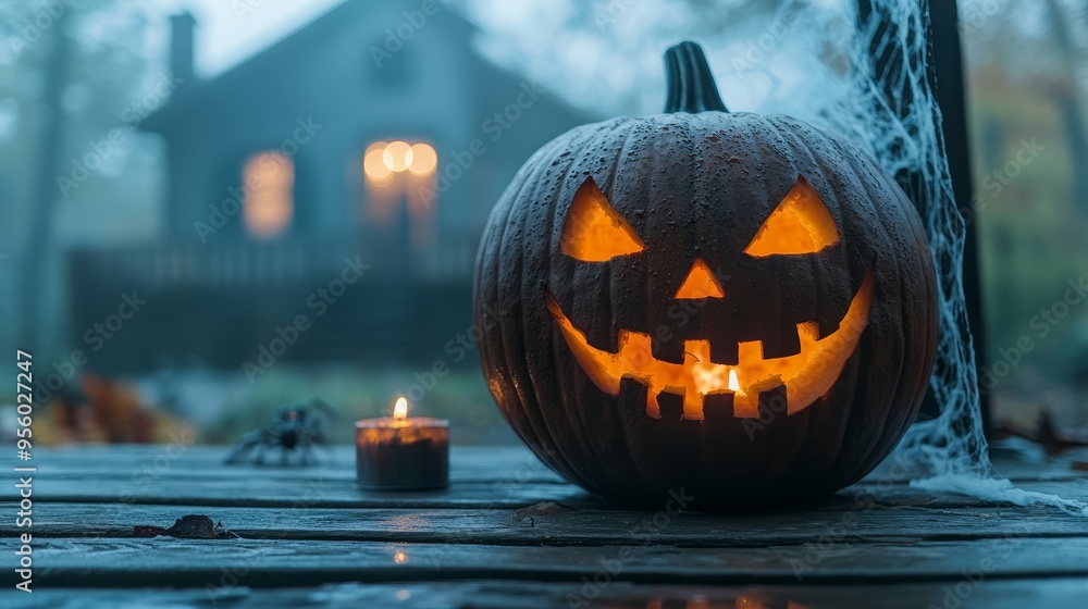 Jack o Lantern with Candlelight on a Wooden Porch at Dusk Jack o Lantern with Candlelight on a Wooden Porch at Dusk