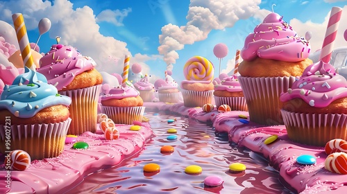Fantasy vibrant backdrop of candy land with cupcakes