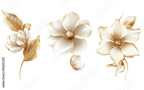 Set gold flower on transparent background, png	