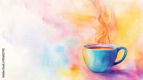 Watercolor steam rising from a coffee cup with a cheerful morning theme