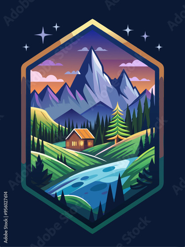 Mountain Cabin with a Stream and Stars in the Sky