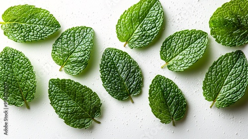 Multiple mint leaves falling naturally through the air, each leaf shown in sharp detail, isolated on a bright white background. photo