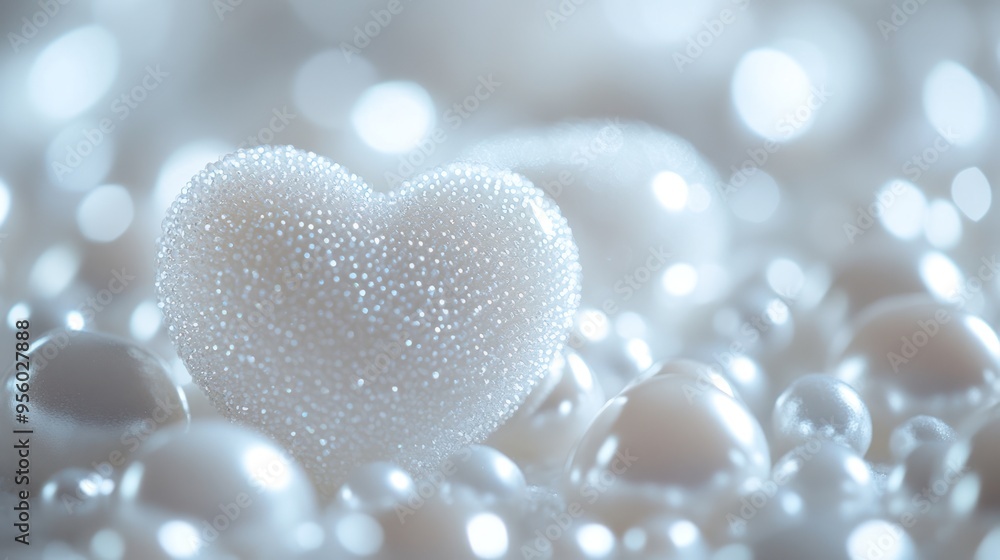 Fototapeta premium Frosted Heart-Shaped Jewels on Sparkling Surface - Delicate frosted heart-shaped jewels resting on a sparkling surface, capturing the essence of love and purity.
