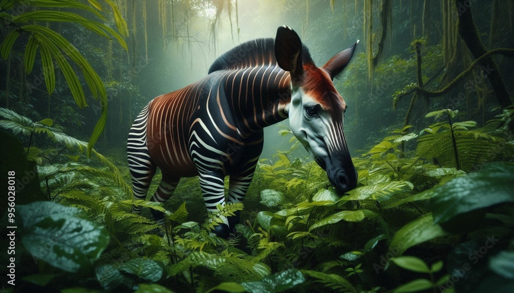 Okapi Feeding in a Dense Jungle Okapi Feeding in a Dense Jungle