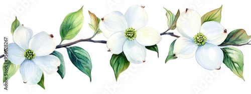 White dogwood flower illustration in watercolor with green leaves isolated on a white background
