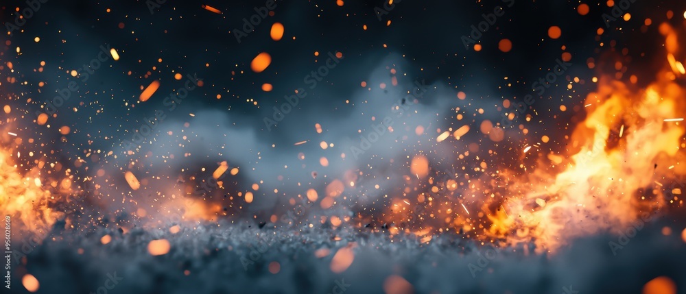 Dynamic fire scene with vibrant flames and sparks against a dark backdrop, perfect for illustrating heat or destruction themes. Dynamic fire scene with vibrant flames and sparks against a dark backdrop, perfect for illustrating heat or destruction themes.