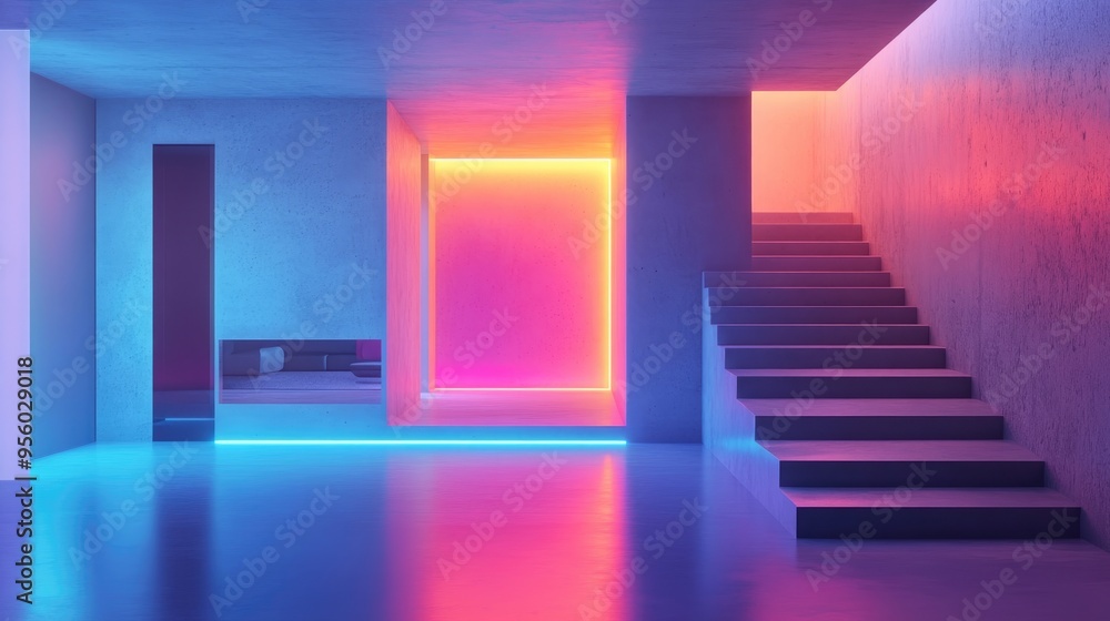 Minimalist house interior featuring smooth concrete architecture and vibrant color gradient neon lighting in a 3D rendering Minimalist house interior featuring smooth concrete architecture and vibrant color gradient neon lighting in a 3D rendering