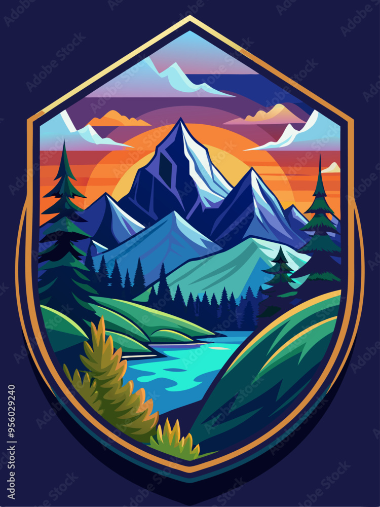 Sunset Mountain Landscape with River and Pine Trees Sunset Mountain Landscape with River and Pine Trees
