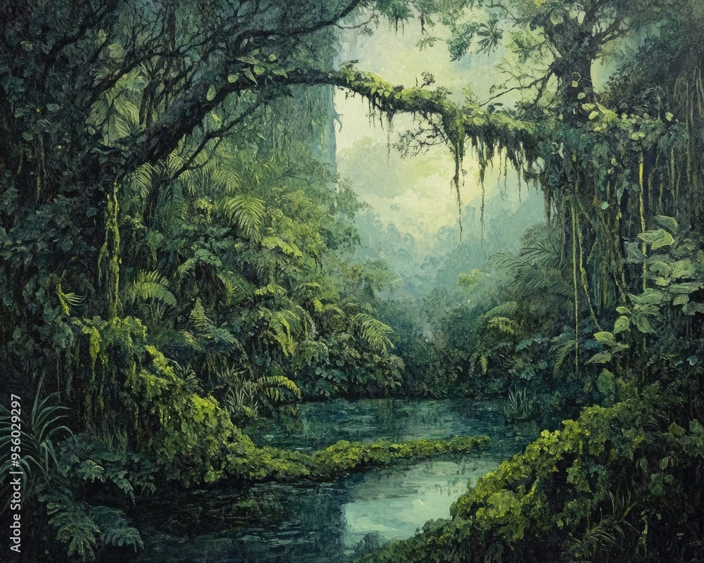 Obraz premium Oil painting depicting a lush moss covered jungle scene