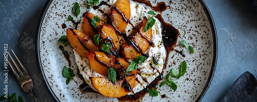 A close-up view of a gourmet dish featuring a generous serving of whipped ricotta cheese topped with freshly roasted peach slices photo